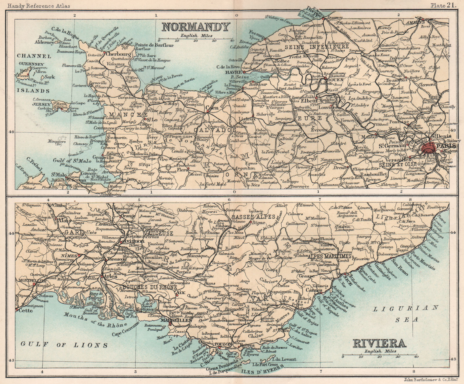 Normandy & the Riviera. Côte d'Azur. France. BARTHOLOMEW 1904 old antique map