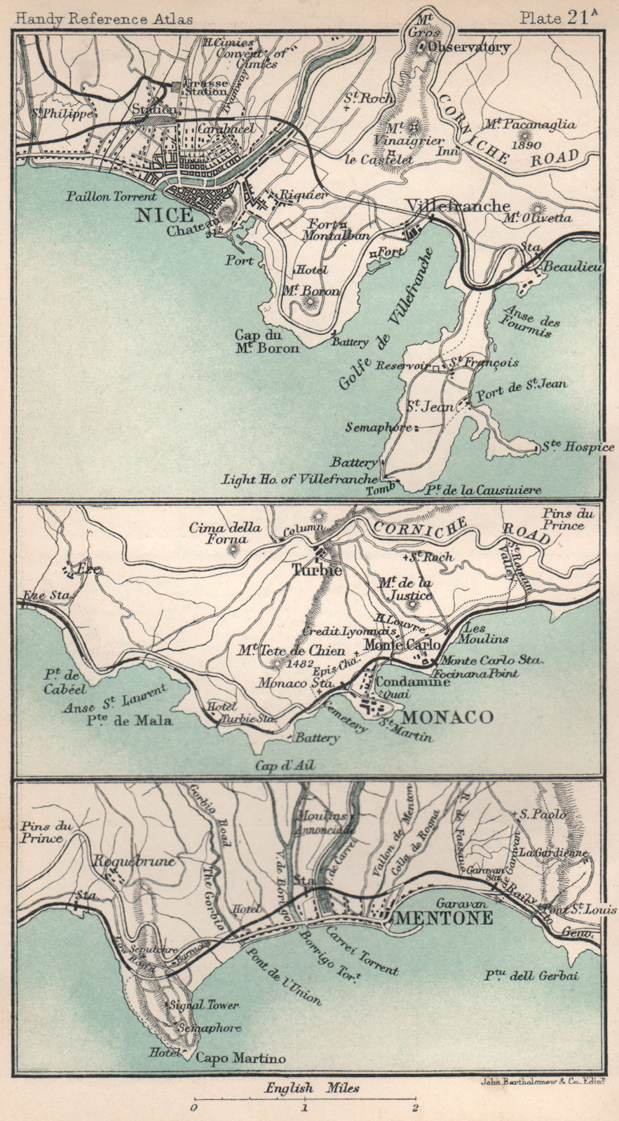 Environs of Nice, Monaco & Menton. Alpes-Maritimes. BARTHOLOMEW 1904 old map