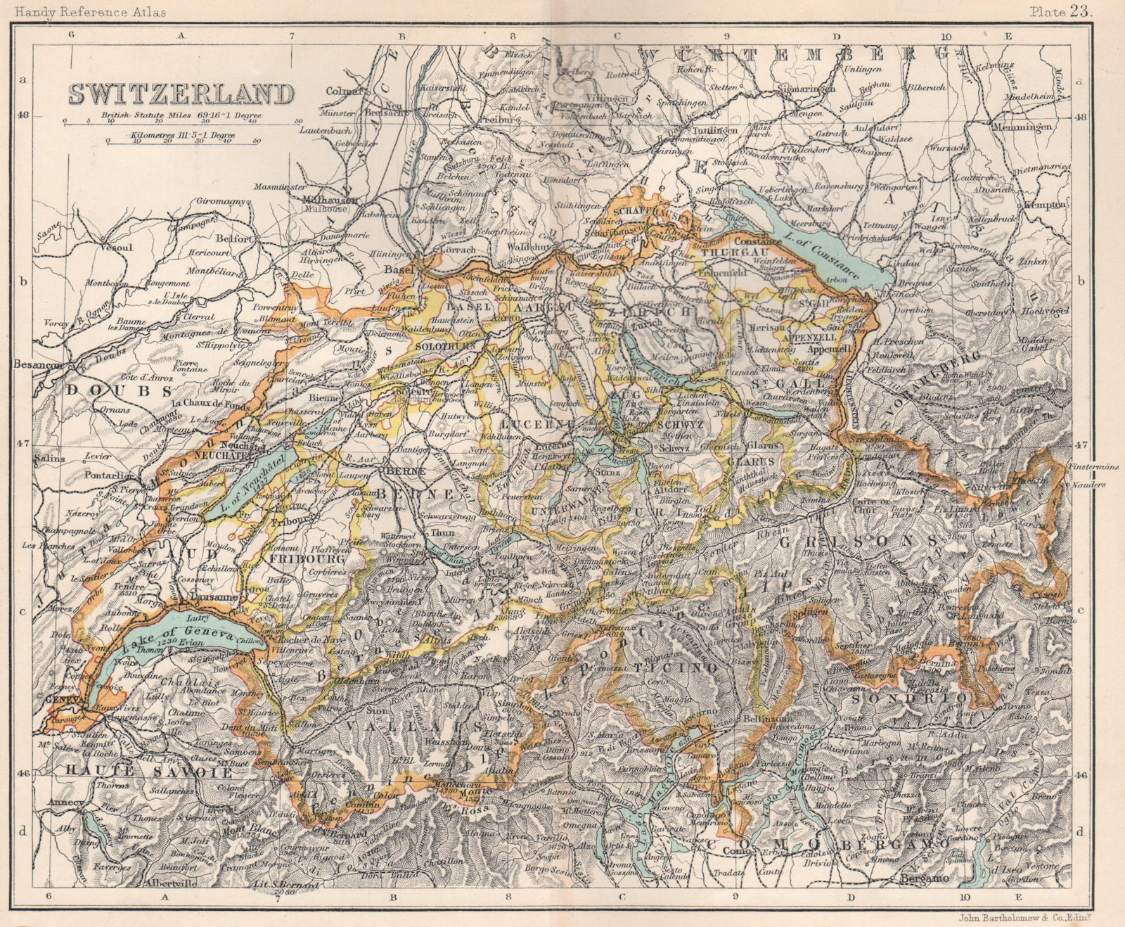 Switzerland showing cantons. BARTHOLOMEW 1904 old antique map plan chart