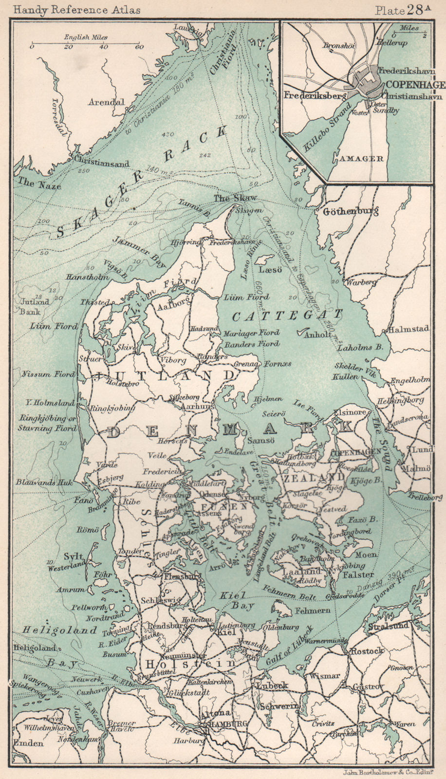 Denmark. Inset Copenhagen. BARTHOLOMEW 1904 old antique vintage map plan chart