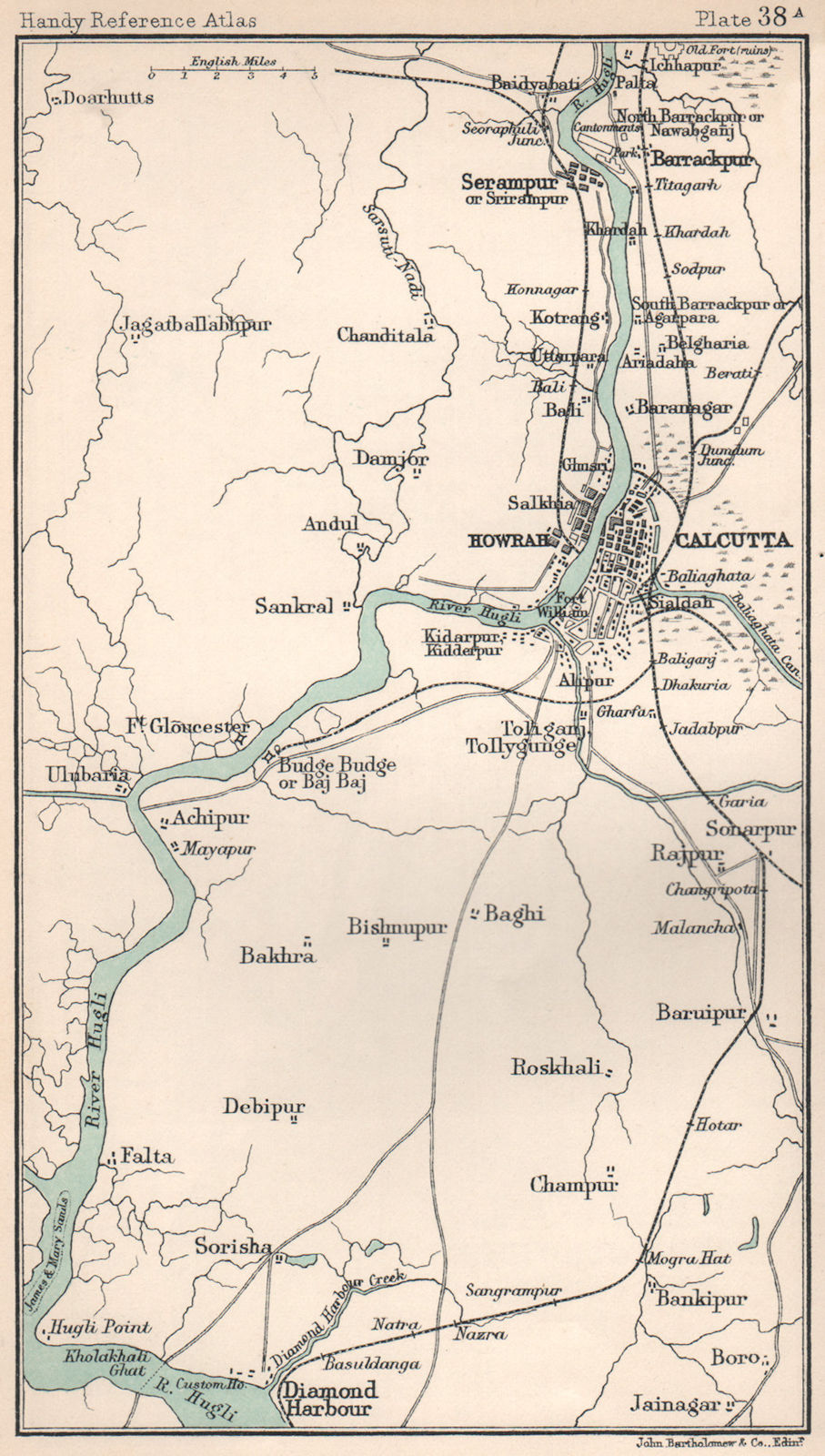 Hawrah & Calcutta environs. British India. BARTHOLOMEW 1904 old antique map