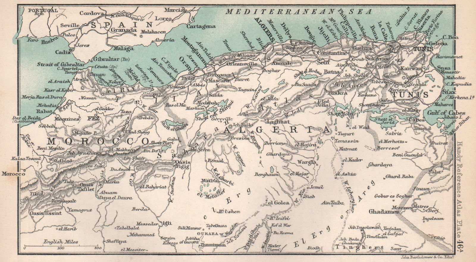 North Africa. Maghreb Morocco Algeria Tunisia. BARTHOLOMEW 1904 old map