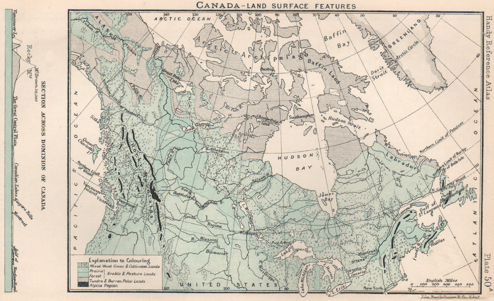 Associate Product Canada - Land Surface Features. Section across Canada. BARTHOLOMEW 1904 map