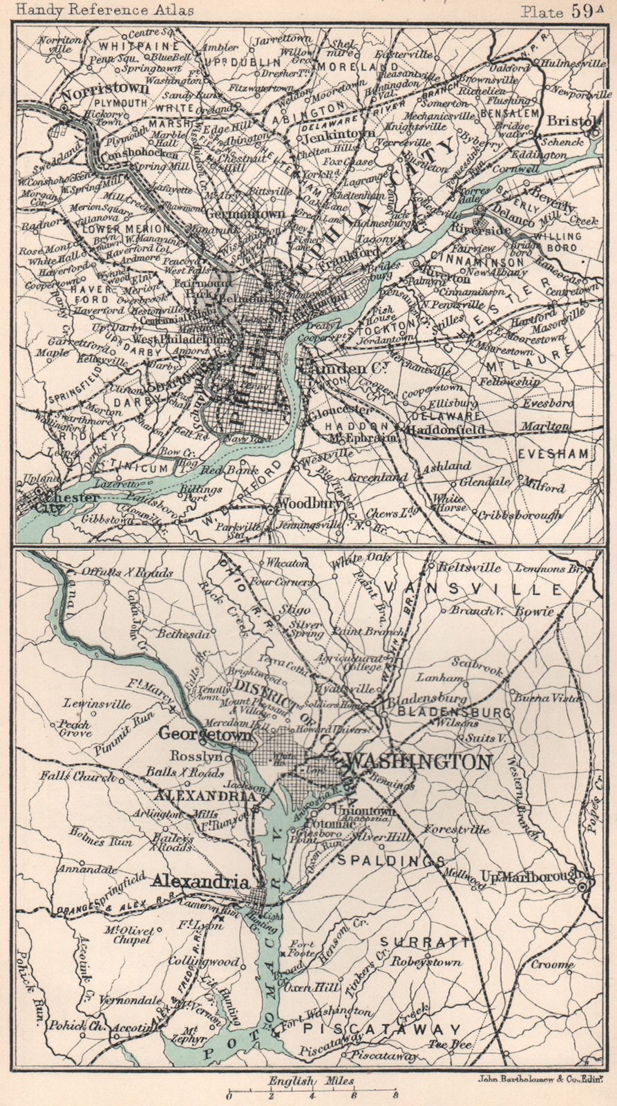 Environs of Washington DC & Philadelphia. BARTHOLOMEW 1904 old antique map
