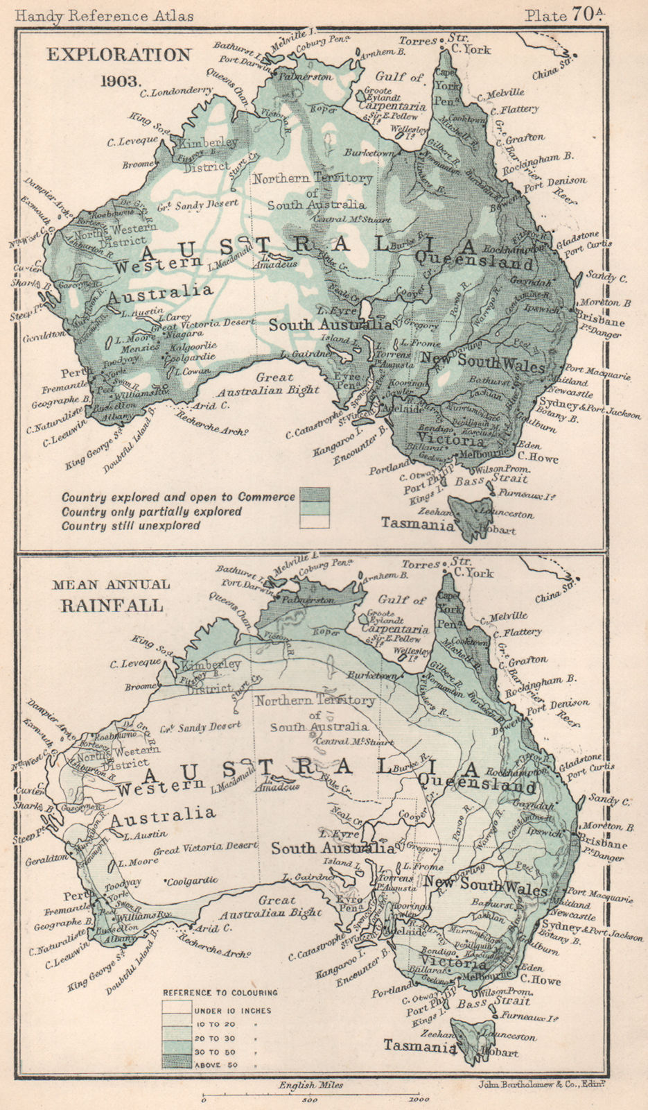 Australia explored areas in 1903. Mean Annual Rainfall. BARTHOLOMEW 1904 map