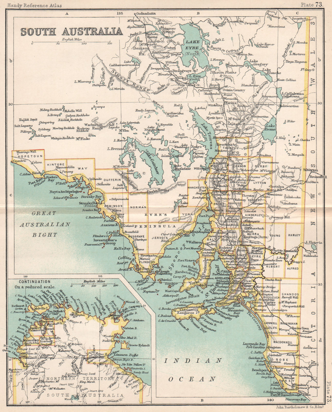 South Australia state map. Northern Territory. BARTHOLOMEW 1904 old
