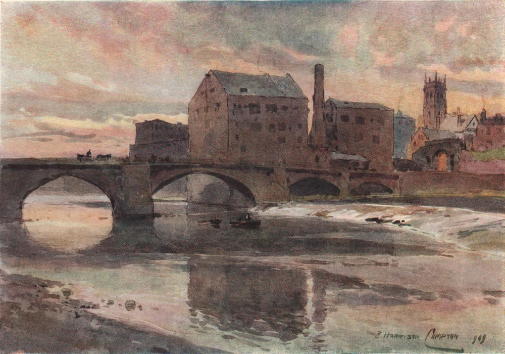 Dee Mills, bridge and weir, Chester, by Edward Harrison Compton 1910 old print
