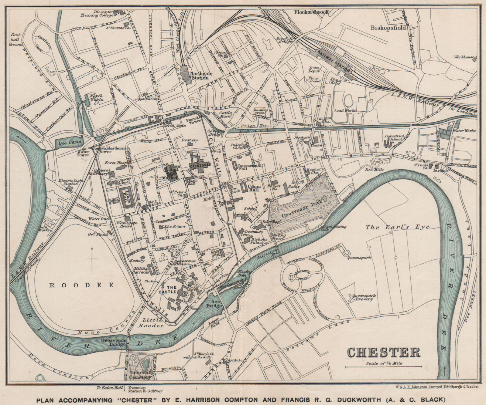 CHESTER town/city plan.  W. & A.K. Johnston 1910 old antique map chart
