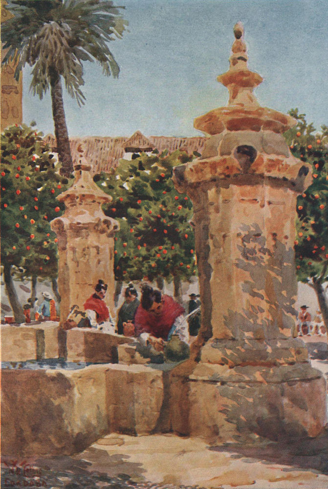 Fountain in the Court of Oranges, Cordoba, Spain, by William Wiehe Collins 1909