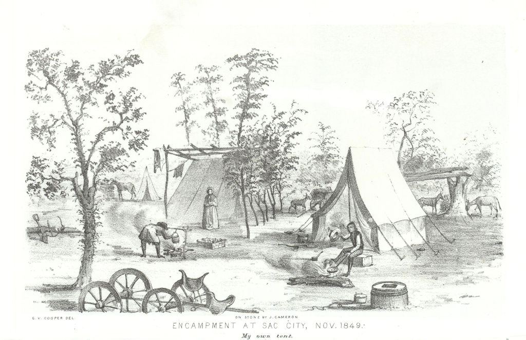 'Encampment at [Sacremento] City, Nov. 1849', California. G. Cooper litho 1853