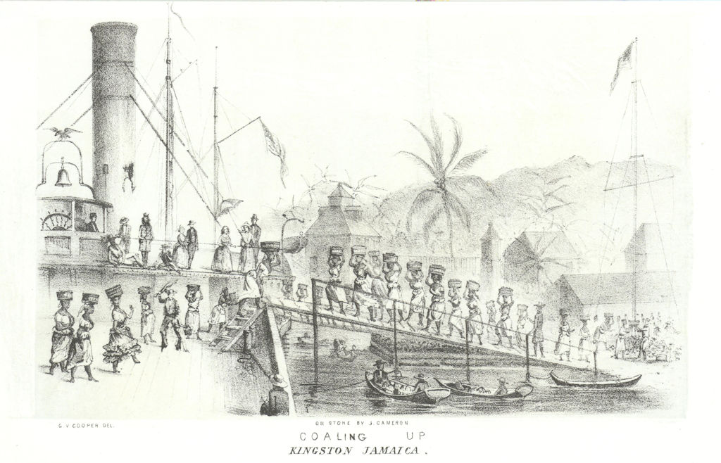 'Coaling up - Kingston, Jamaica', lithograph by George Cooper 1853 old print