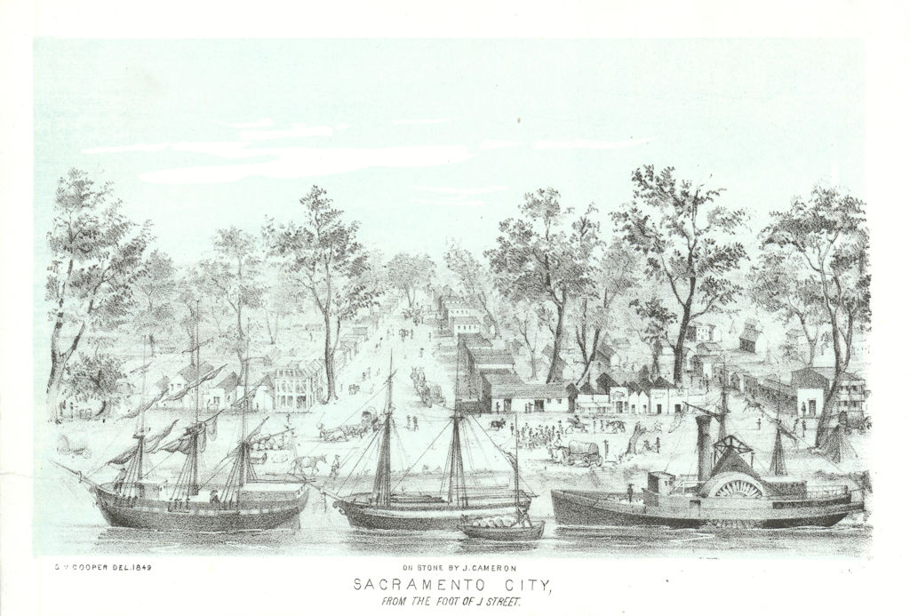 'Sacramento City, from the foot of J Street', California gold rush. Cooper 1853