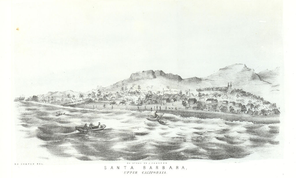 'Santa Barbara, Upper California', lithograph by George Cooper 1853 old print