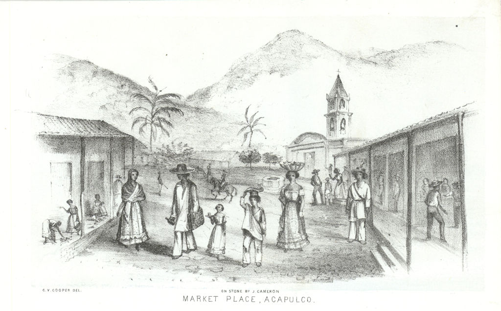 'Market Place, Acapulco', Mexico, lithograph by George Cooper 1853 old print