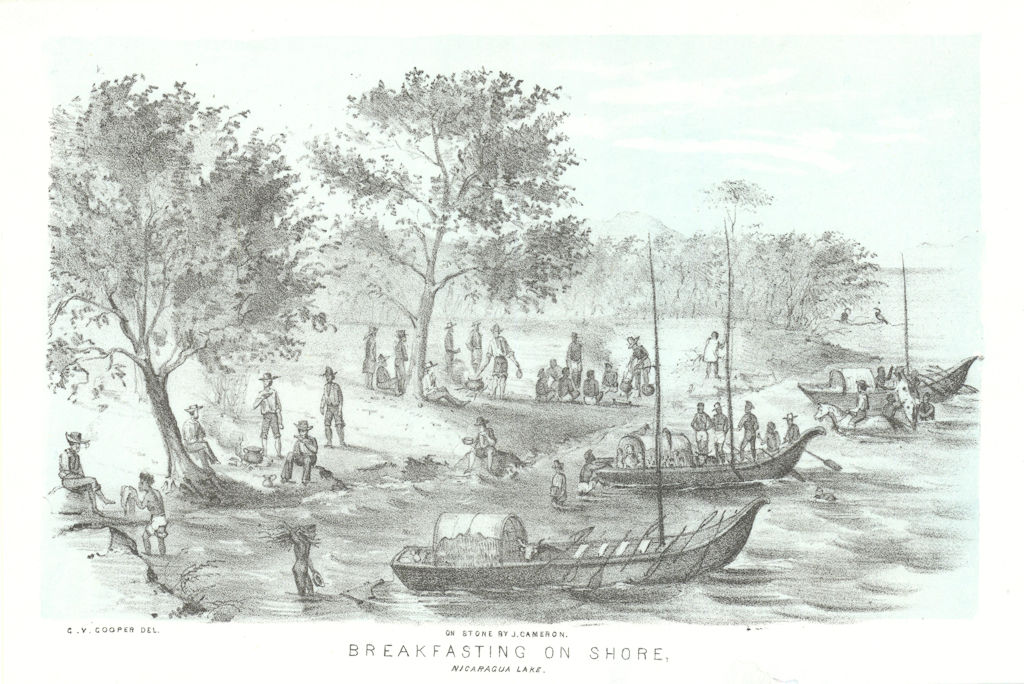 'Breakfasting on Shore - Nicaragua Lake', Nicaragua. George Cooper litho 1853