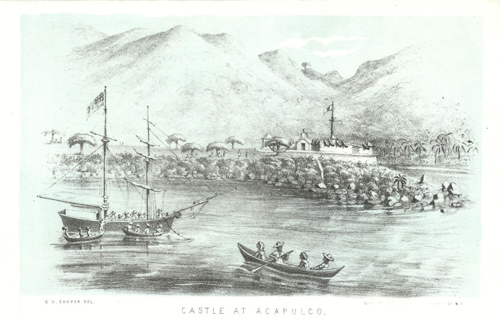 'Castle at Acapulco', Mexico, lithograph by George Cooper 1853 old print