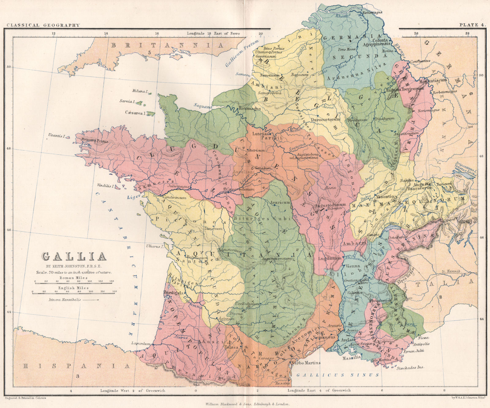 'Gallia'. Ancient France/Gaul. Aquitania Lugdunensis Belgae. JOHNSTON 1855 map