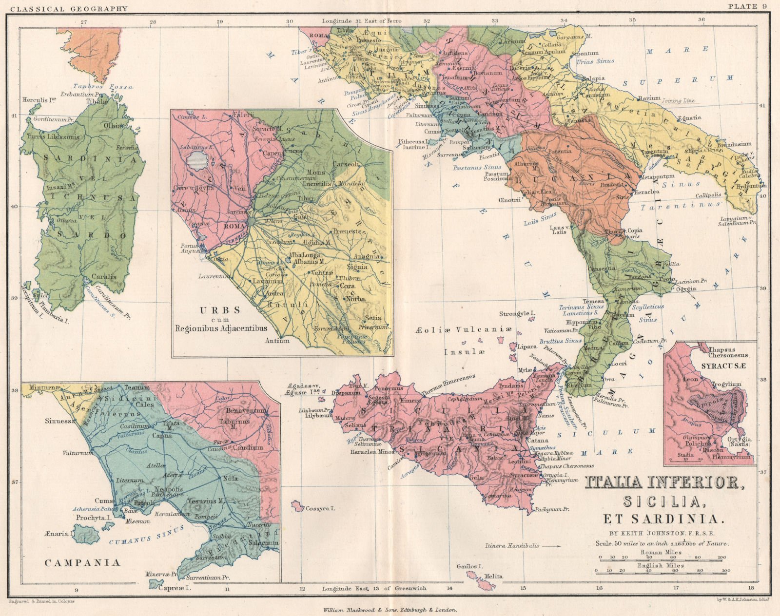 Associate Product 'Italia Inferior, Sicilia, et Sardinia'. South Ancient Italy. JOHNSTON 1855 map
