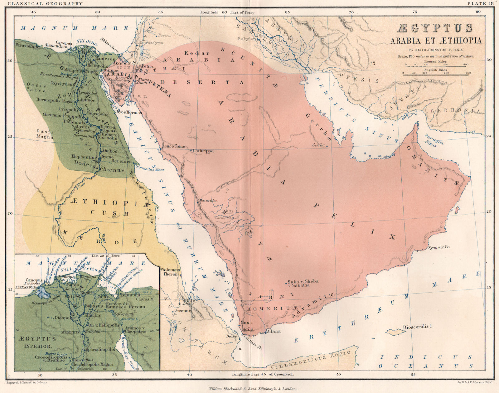 'Aegyptus Arabia et Aethiopia'. Ancient Arabia & Ethiopia. JOHNSTON 1855 map