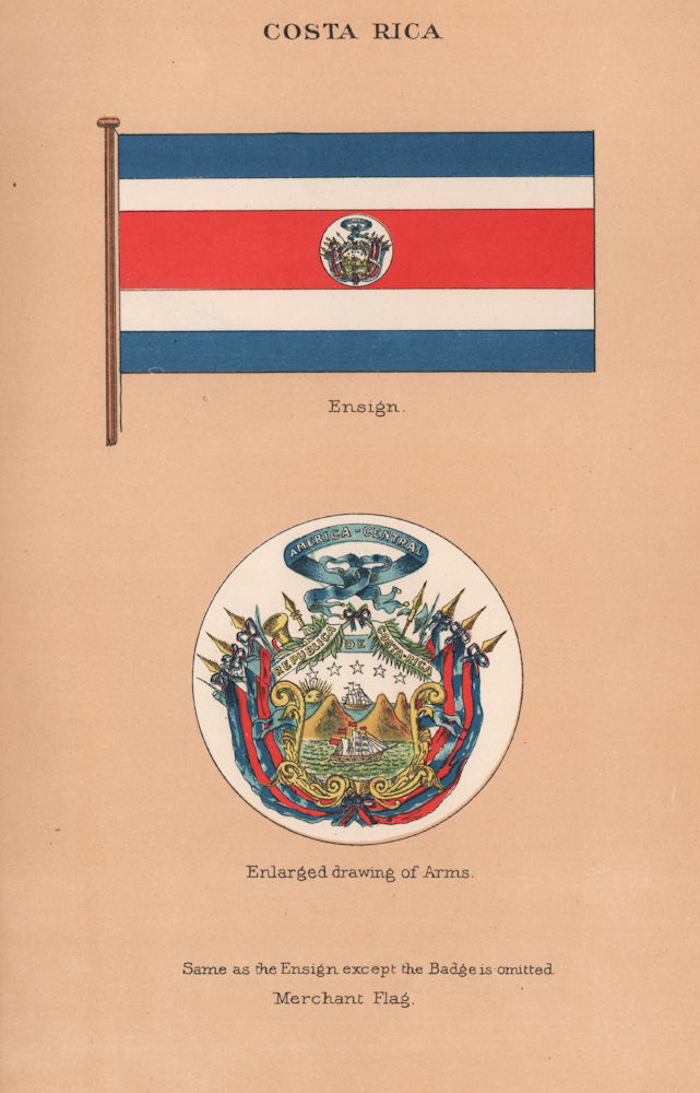 COSTA RICA FLAGS. Ensign. Enlarged drawing of Arms. Merchant Flag 1916 print