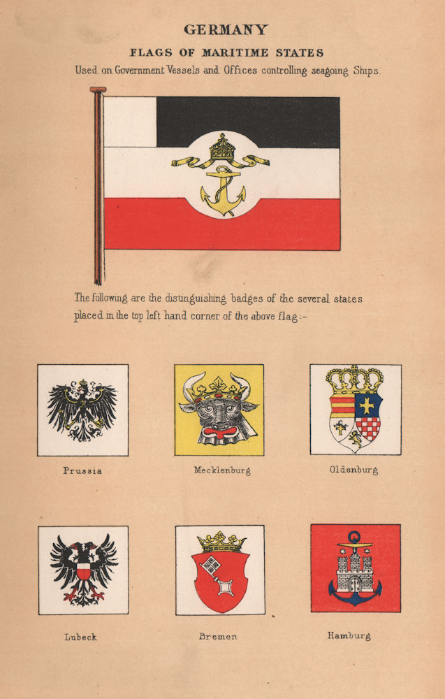 GERMANY MARITIME STATES FLAGS Prussia Mecklenburg Lubeck Bremen Hamburg &c 1916