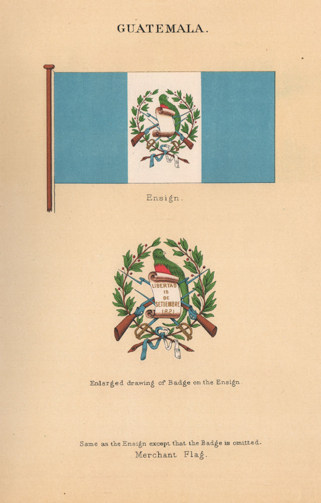 GUATEMALA FLAGS. Ensign. Badge on the Ensign. Merchant Flag 1916 old print