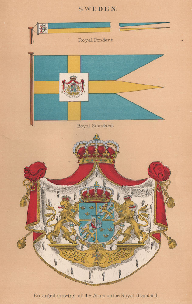 SWEDEN FLAGS. Royal Pendant. Royal Standard. Enlarged drawing of the Arms 1916