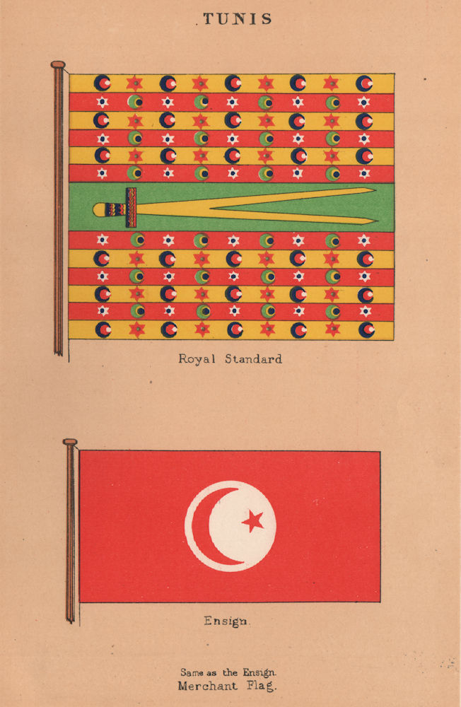 TUNISIAN FLAGS. Tunis. Royal Standard. Ensign. Merchant Flag 1916 old print
