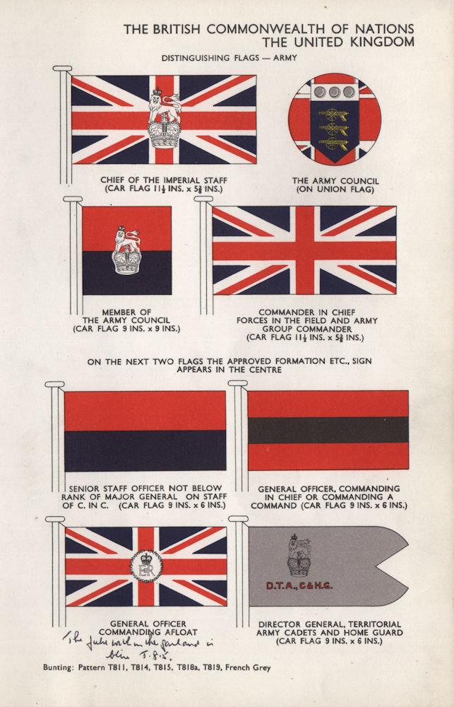 BRITISH ARMY FLAGS. Chief of Imperial Staff. Army Council. C-in-C 1958 print