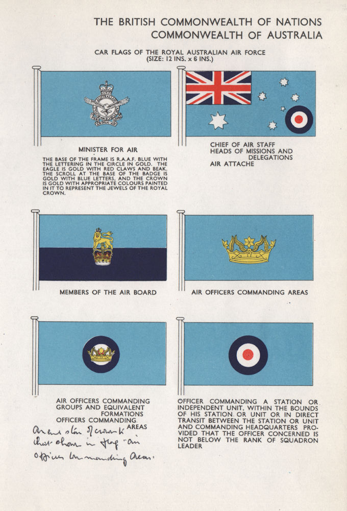 ROYAL AUSTRALIAN AIR FORCE CAR FLAGS. Minister for Air. Chief of Air Staff 1958