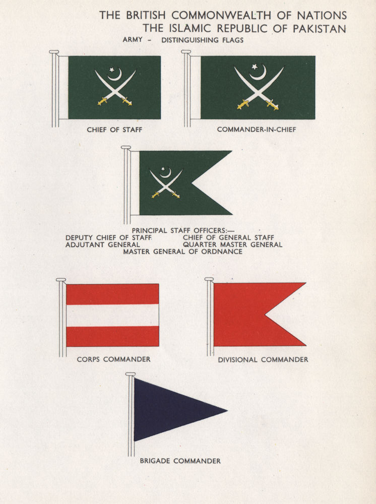 PAKISTAN ARMY FLAGS. Chief of Staff. C-in-C. Commander 1958 old vintage print