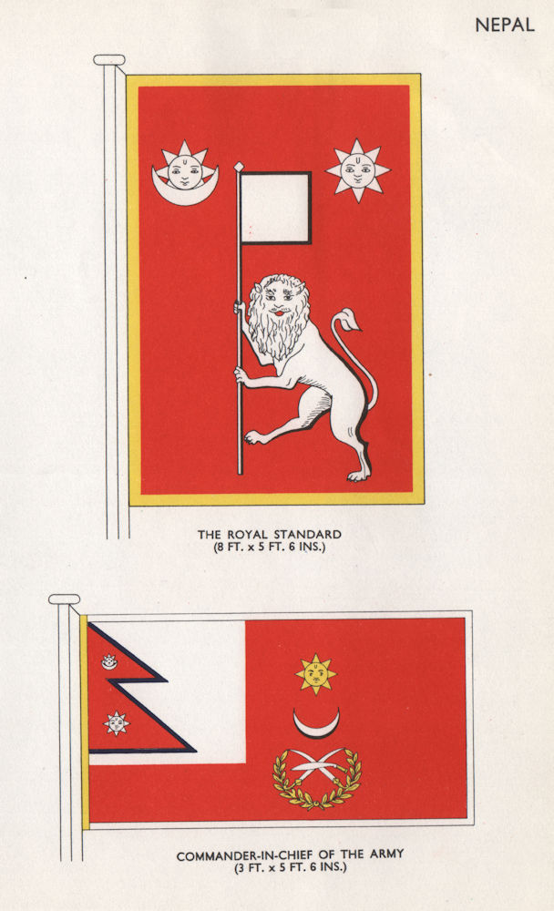 NEPAL FLAGS. The Royal Standard. Commander-in-Chief of the Army 1958 old print