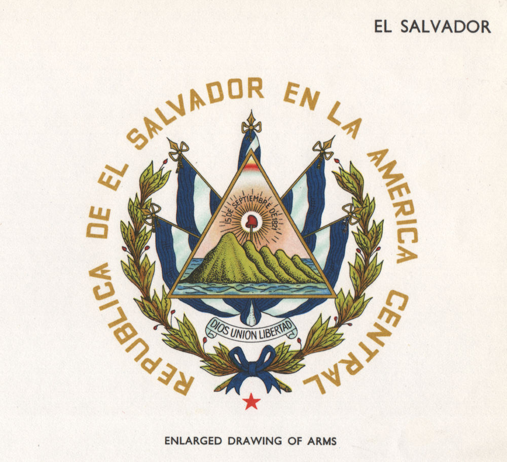 EL SALVADOR FLAGS. Arms 1958 old vintage print picture