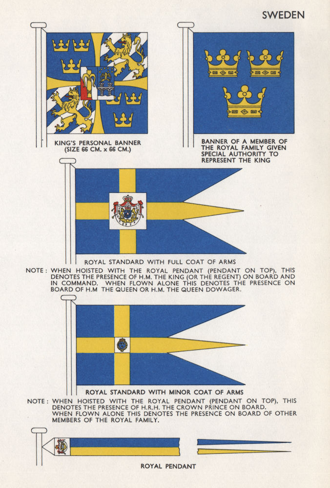 SWEDEN ROYAL BANNERS & STANDARDS. King. Royal Family. Arms. Pendant 1958 print