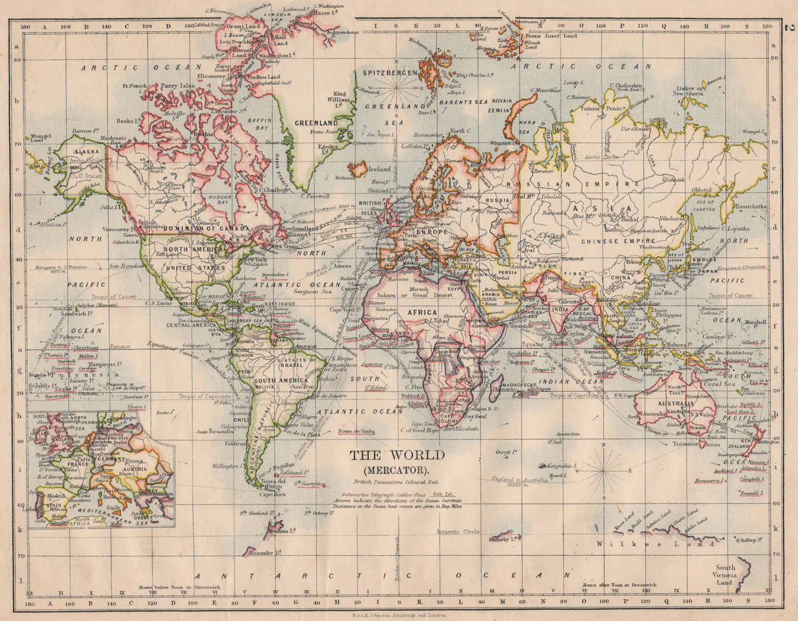 Associate Product BRITISH EMPIRE. World Mercator. Currents. Steamship routes.  JOHNSTON 1895 map