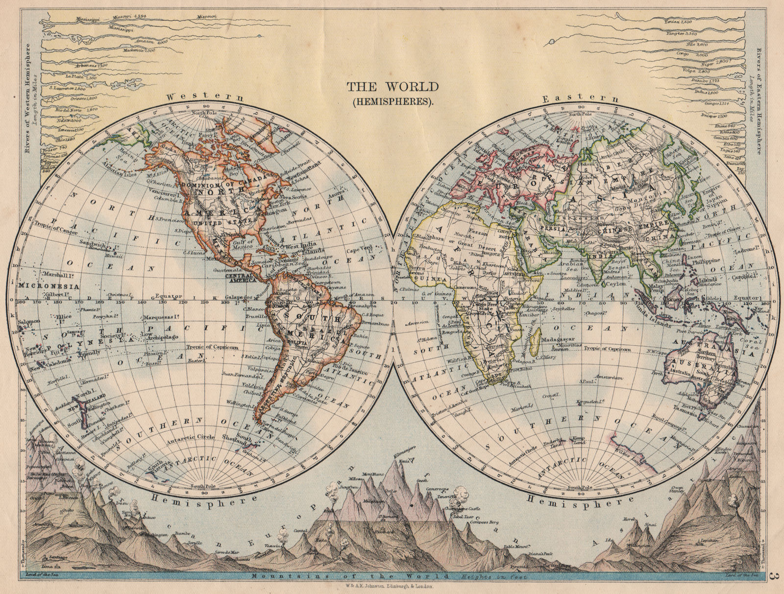 WORLD TWIN HEMISPHERES. Relief. Mountains. Rivers.  JOHNSTON 1895 old map