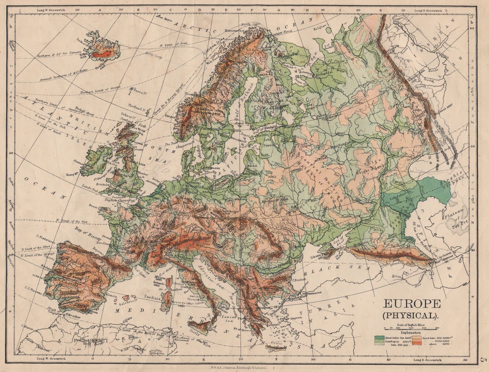 Associate Product EUROPE PHYSICAL. Relief Ocean depths Key mountains Plains. JOHNSTON 1895 map