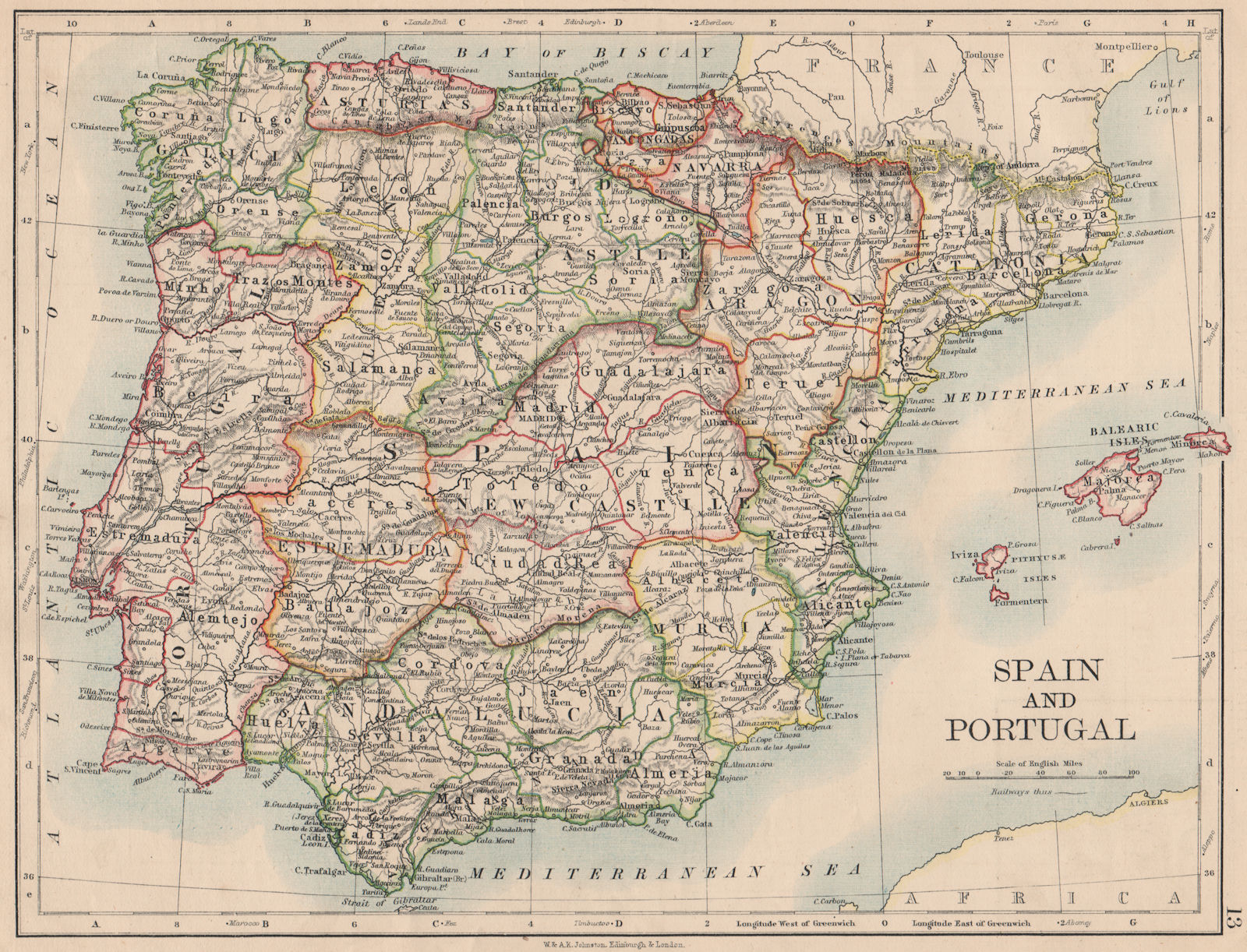 Associate Product SPAIN AND PORTUGAL. Iberia. Provinces railways. Balearics.  JOHNSTON 1895 map