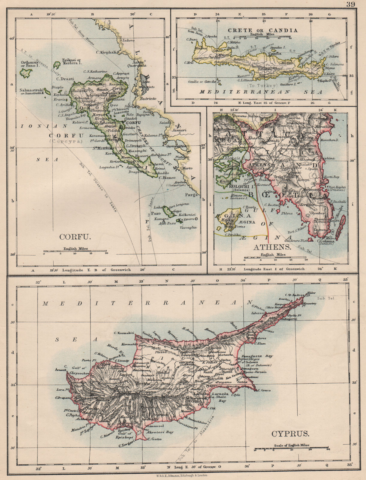 Associate Product ATHENS & GREEK ISLANDS. Corfu Crete Cyprus Candia.Greece. JOHNSTON 1895 map
