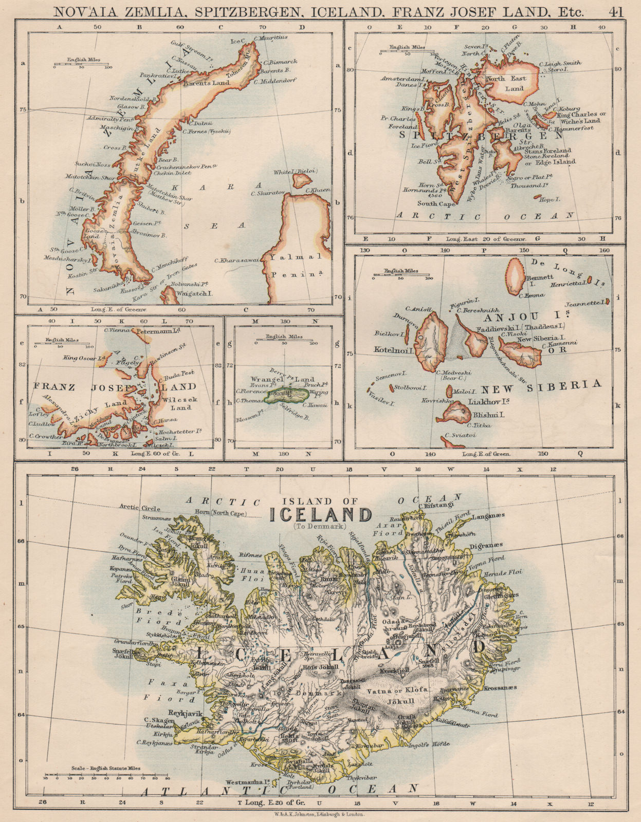 ARCTIC ISLANDS.Iceland Spitsbergen Franz Josef Land Novaya Zemlya 1895 old map