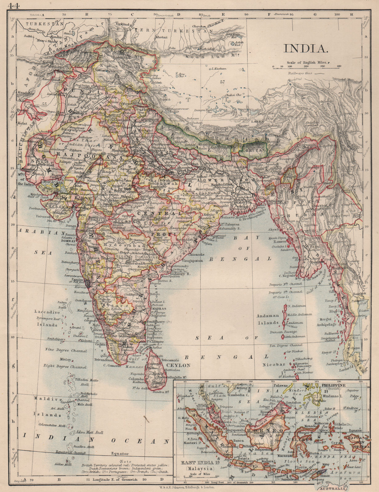 BRITISH INDIA. Showing states. Burma Nepal Bhutan Ceylon.  JOHNSTON 1895 map