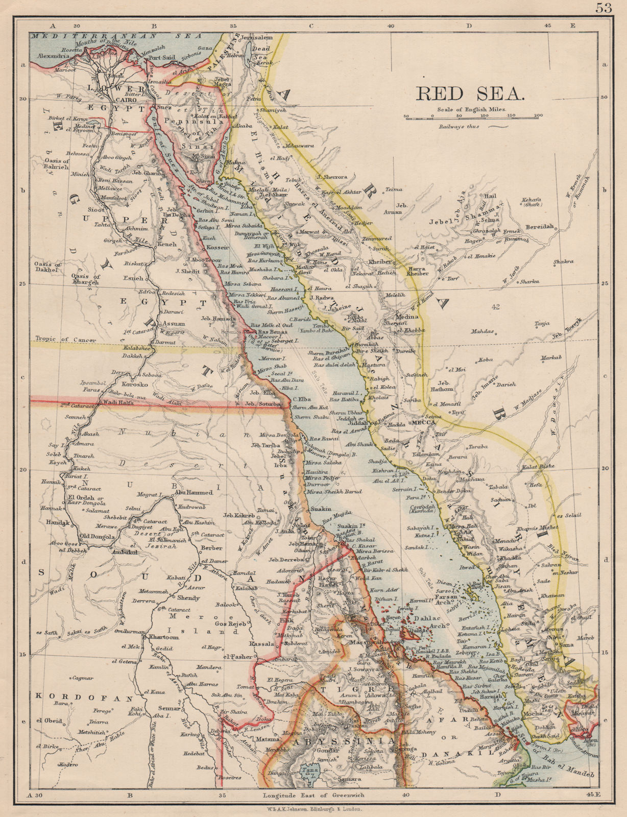 RED SEA. Egypt Eritrea Hedjaz Asir Yemen. Nile valley. Sinai.  JOHNSTON 1895 map