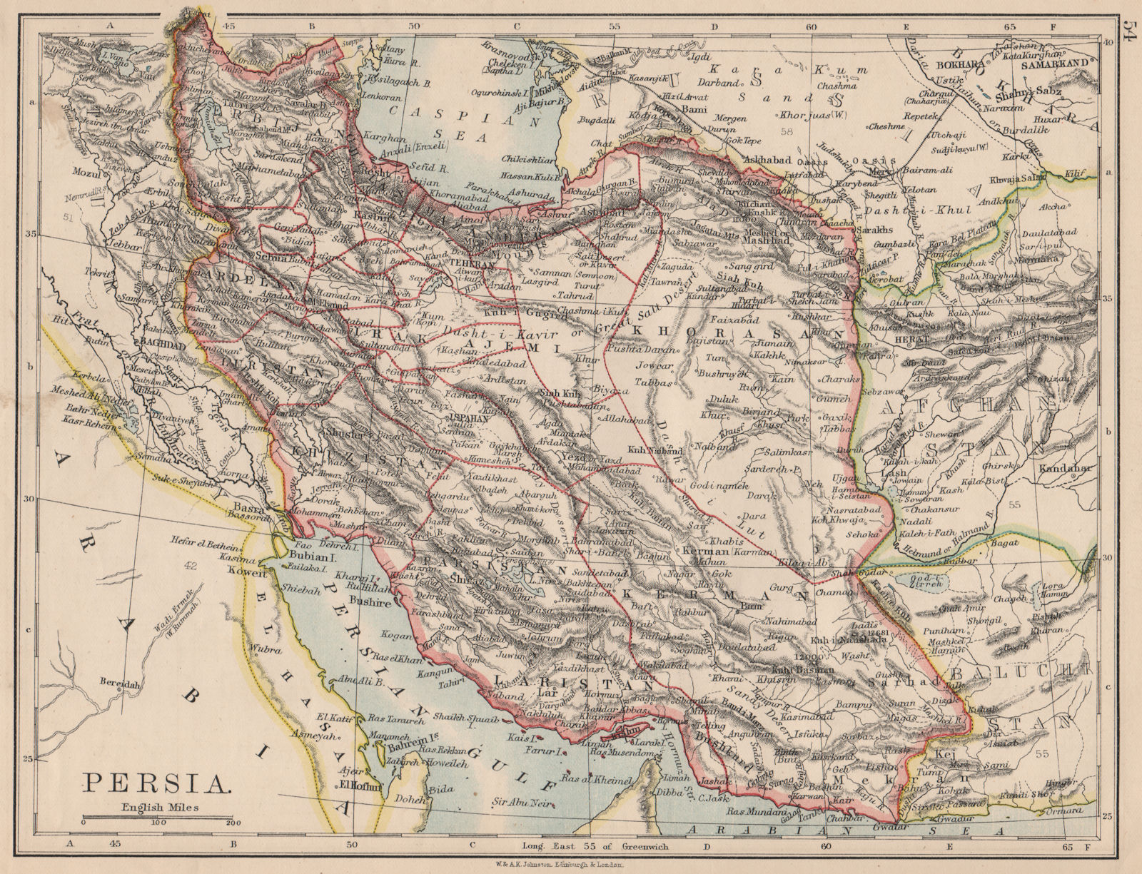 PERSIA. Showing provinces. Iran. Persian Gulf. Bushire.  JOHNSTON 1895 old map