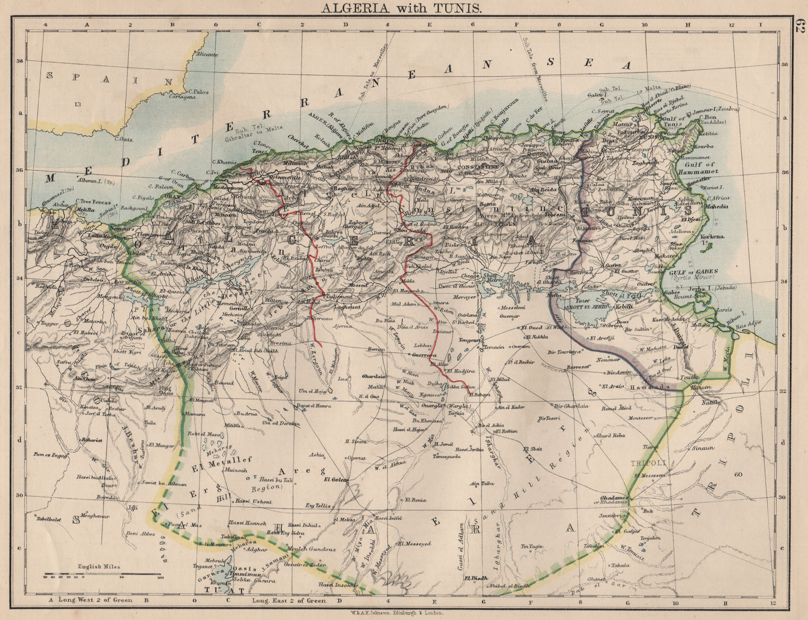 Associate Product ALGERIA & TUNIS. Maghreb Tunisia. Provinces. Telegraph cables. JOHNSTON 1895 map