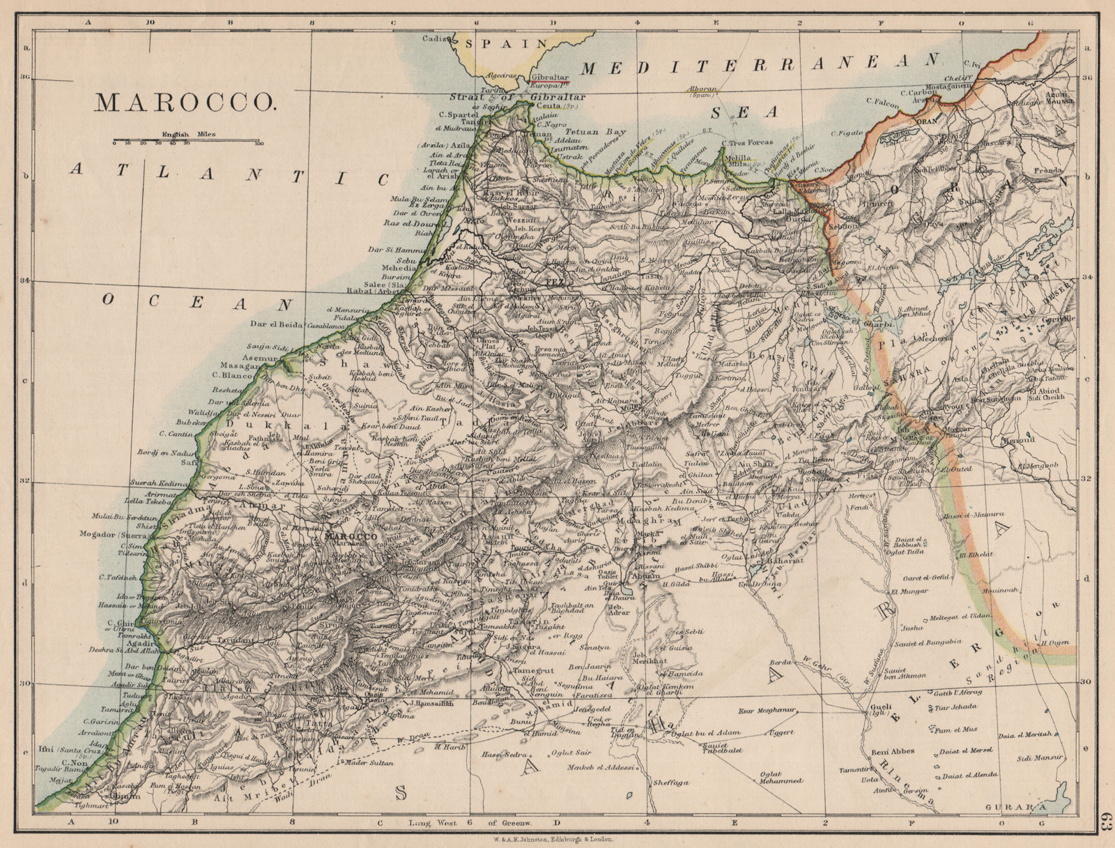 MOROCCO. Showing Atlas mountains rivers towns. Marrakech. JOHNSTON 1895 map