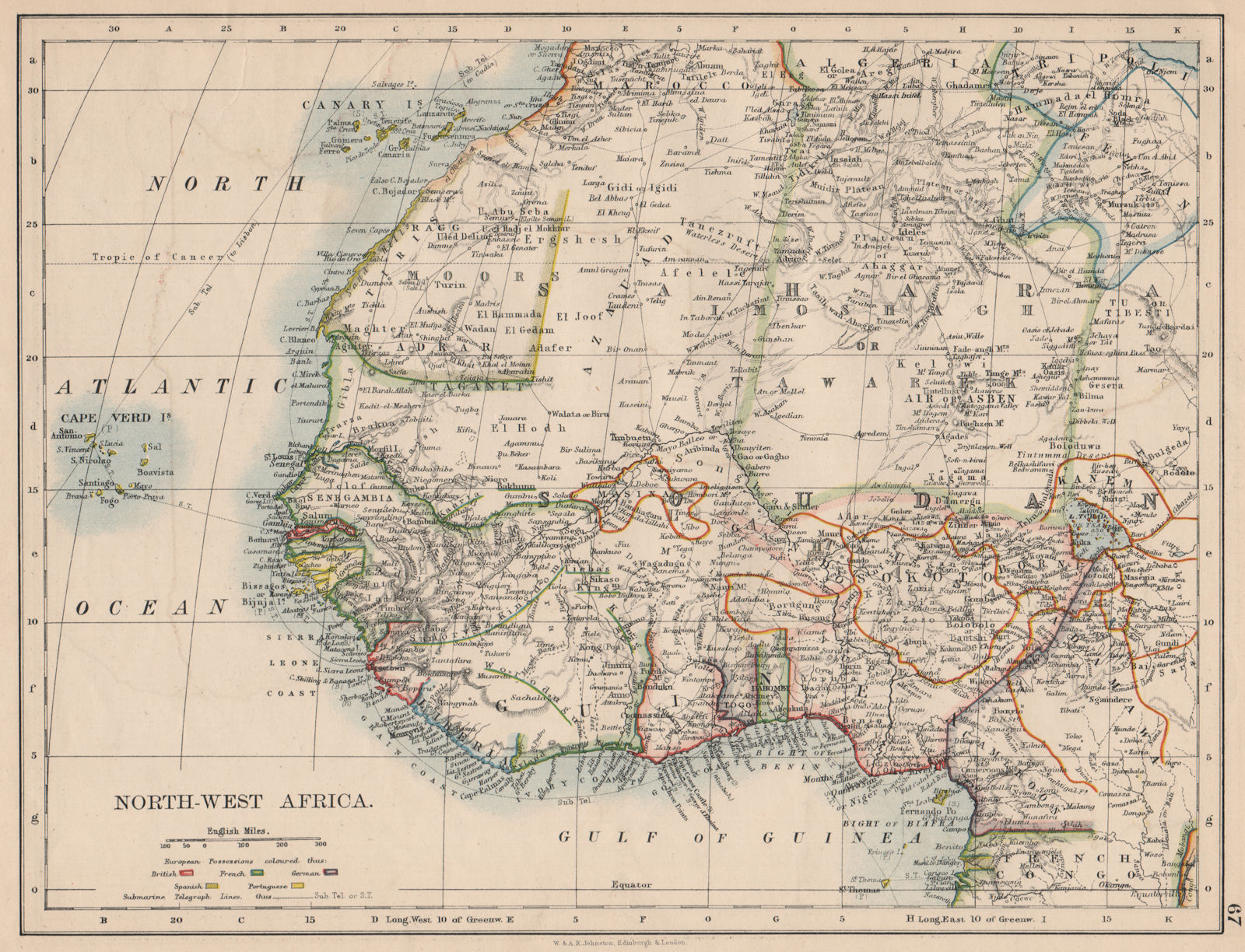 COLONIAL WEST AFRICA. Tribal areas. Caravan routes. Niger Coast Prot. 1895 map