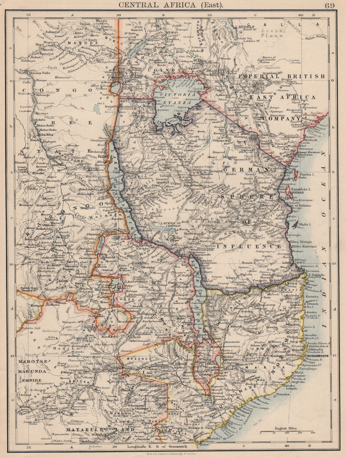 COLONIAL EAST AFRICA. German/British/Portuguese East Africa. Tanzania 1895 map