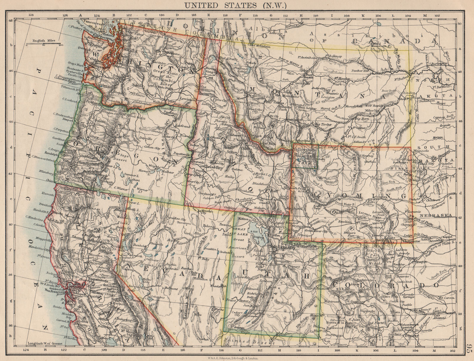 Associate Product USA NORTH WEST. Washington Oregon ID MT WY Utah Nevada CA.JOHNSTON 1895 map
