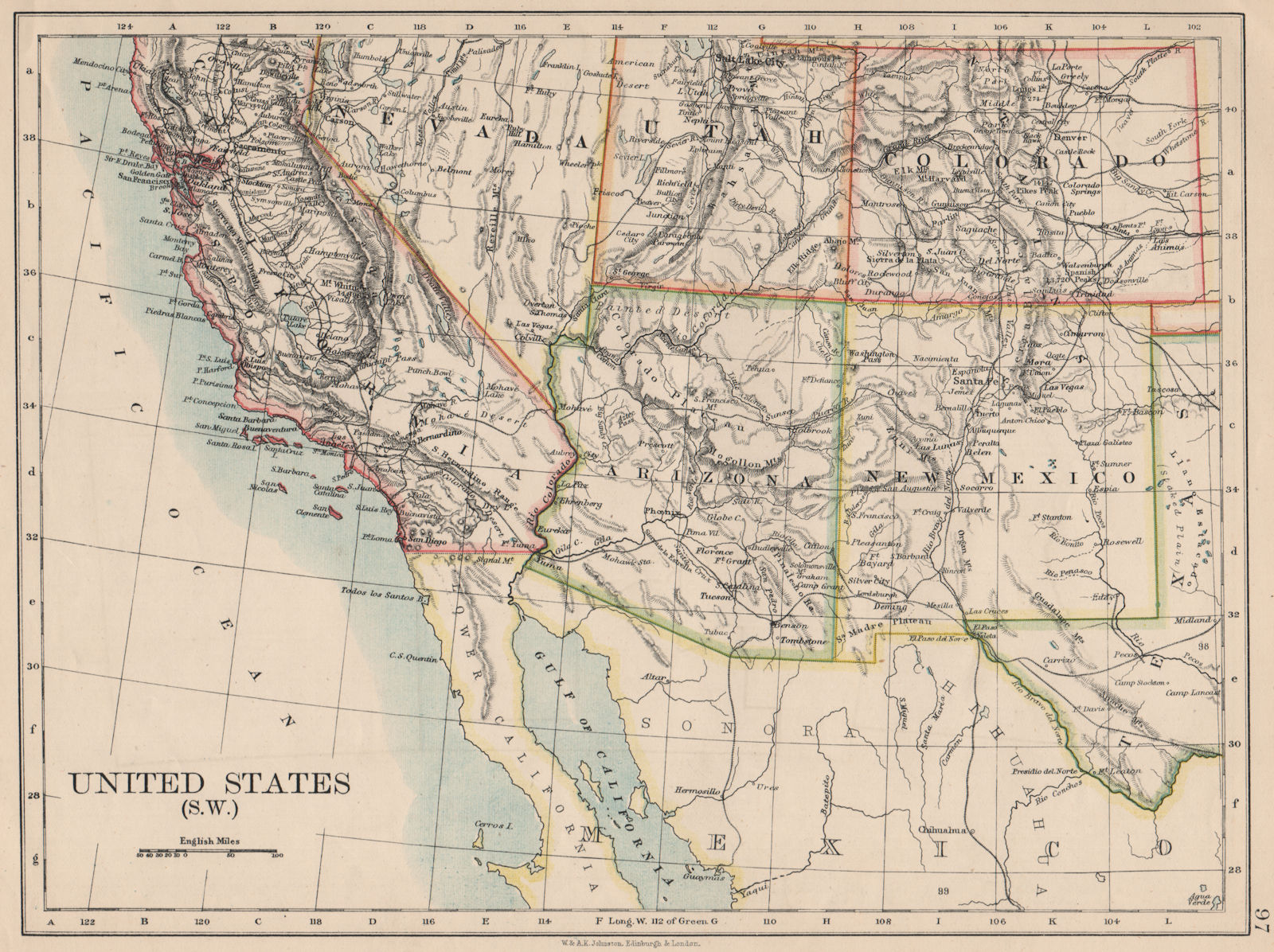 USA SOUTH WEST. California Arizona NM Colorado Utah Nevada.  JOHNSTON 1895 map