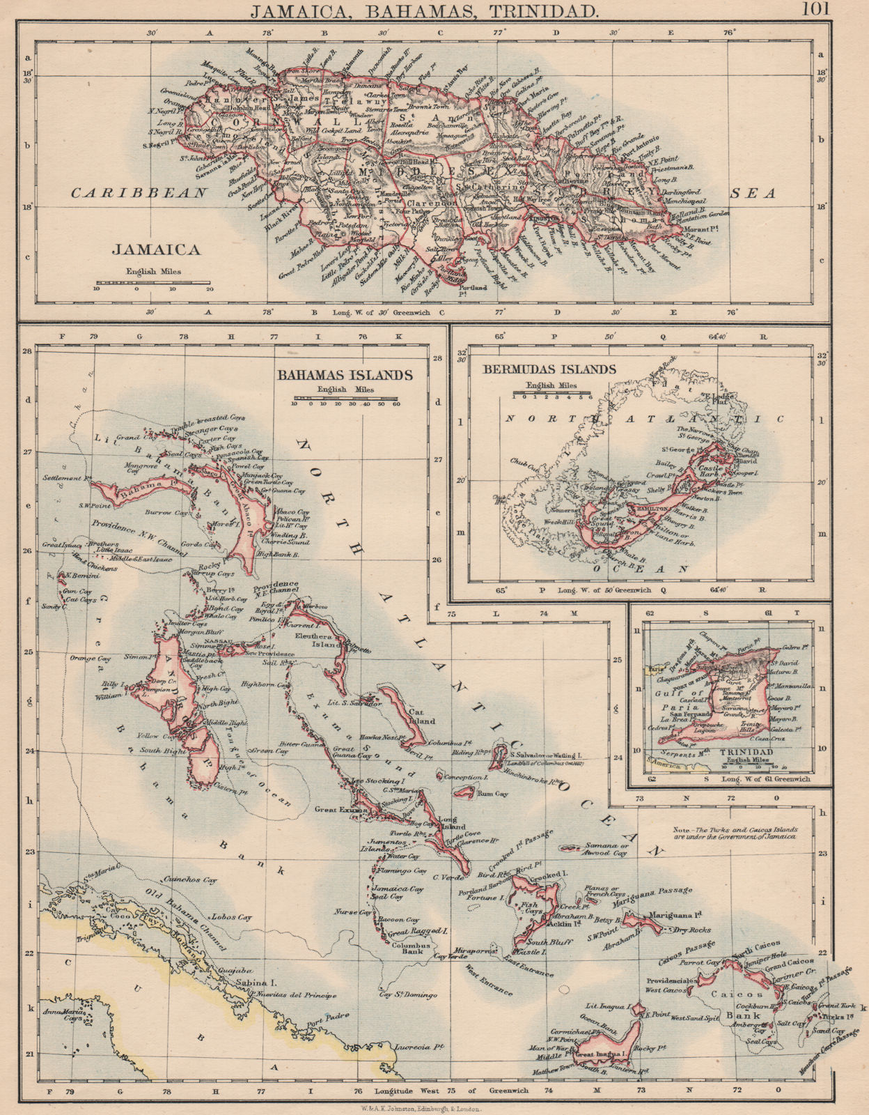 Associate Product CARIBBEAN/ATLANTIC ISLANDS.Jamaica Bermuda Bahamas Trinidad.  JOHNSTON 1895 map